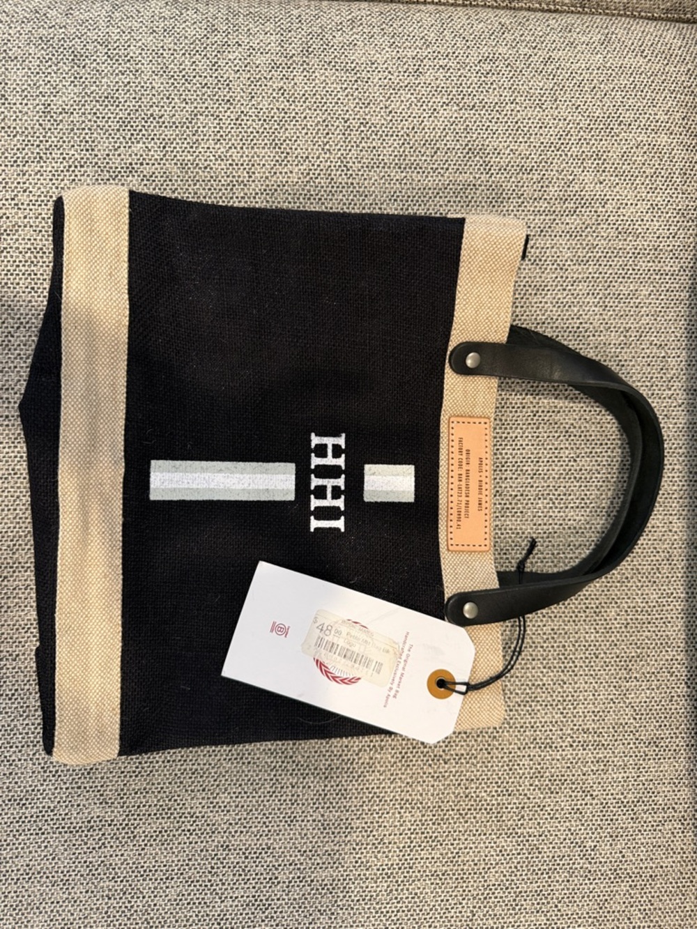 HHI Black and Beige Canvas Messenger Tote with Leather Handles